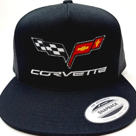 Chevy Corvette Flat Bill Trucker Mesh Snapback Hat Cap Black Embroidery - Picture 1 of 4